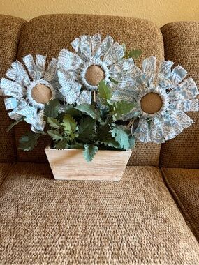 Blue Paisley Fabric Sunflower Arrangement in Wood Planter
